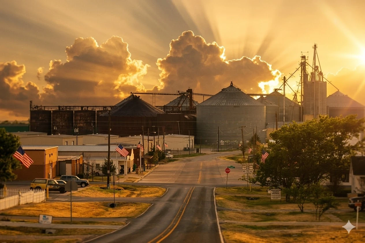 Sunset over Prosper, Texas — a small-town main street with American flags and grain silos