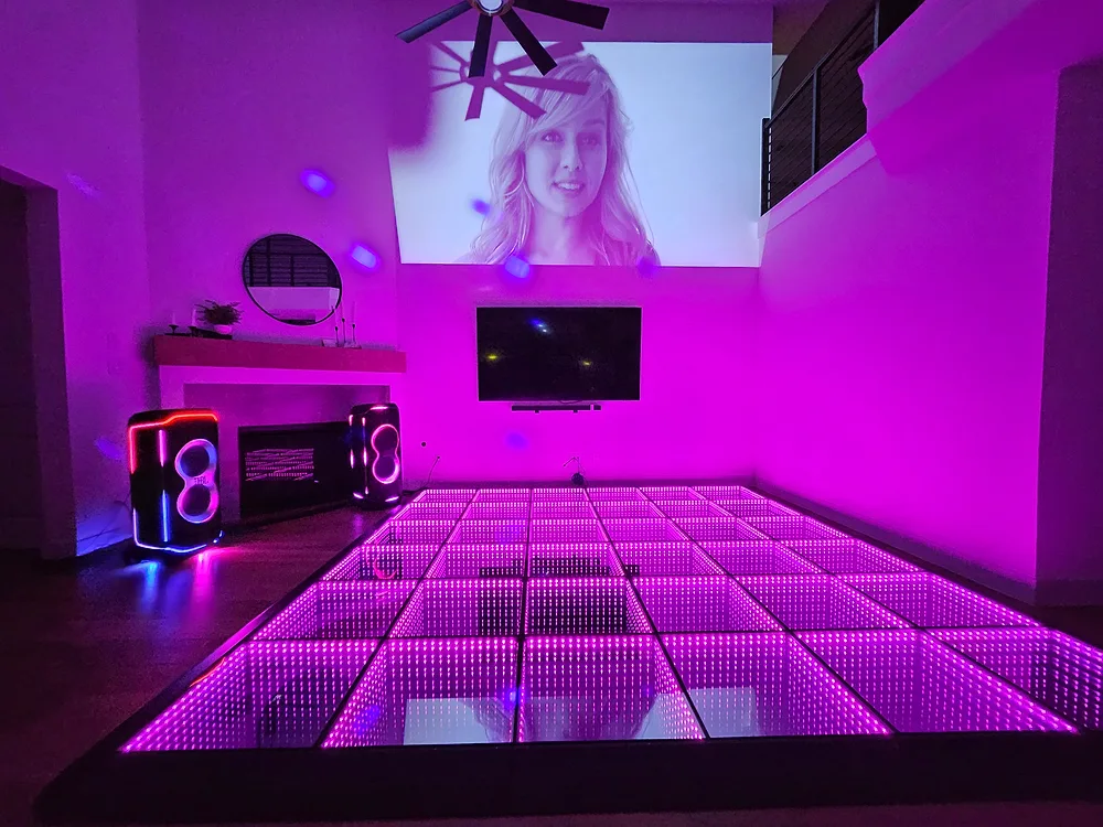 Indoor LED dance floor with movie projection — Backyard Movie Theater