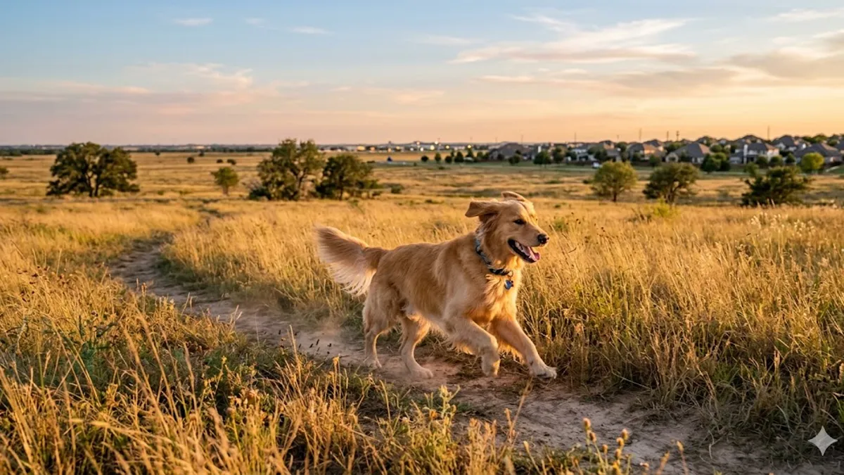 Golden retriever walking on trail in Prosper TX