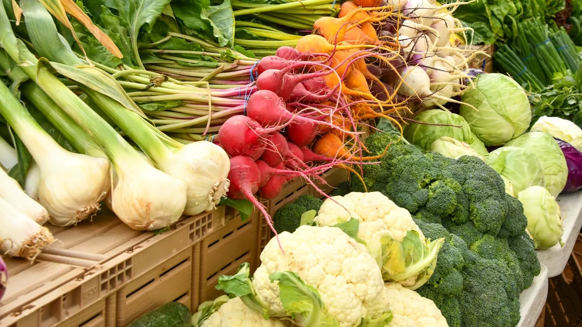Fresh vegetables on display at Prosper farmers market