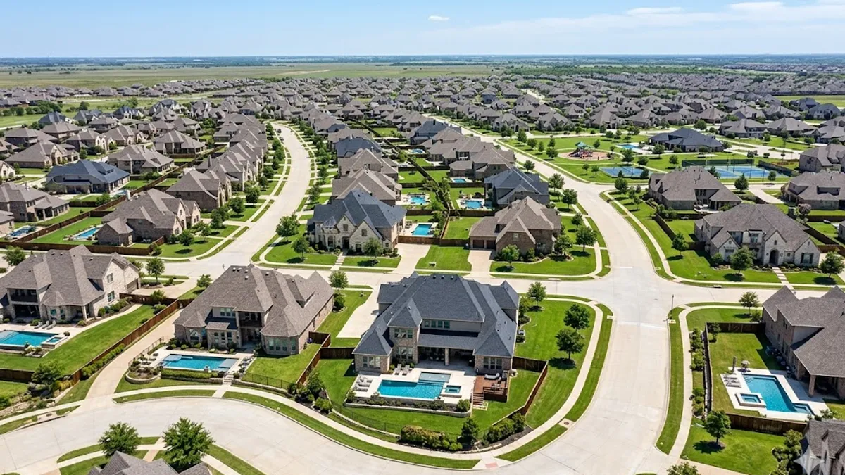 Aerial view of suburban neighborhood in Prosper Texas