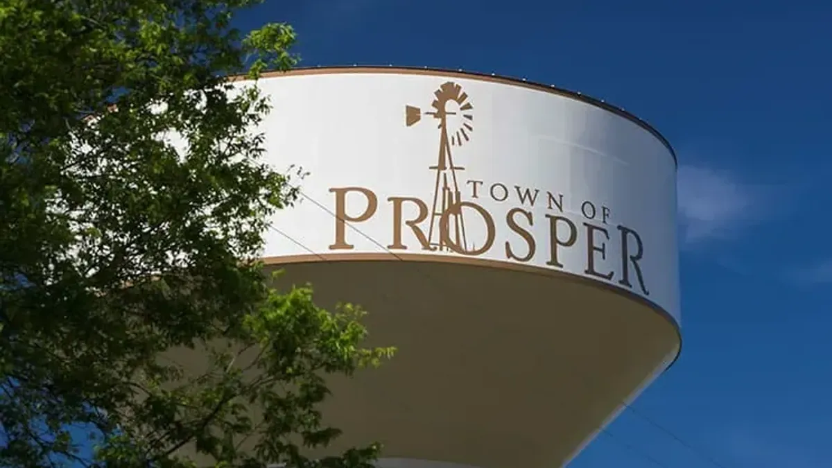 Town of Prosper TX water tower against a blue sky