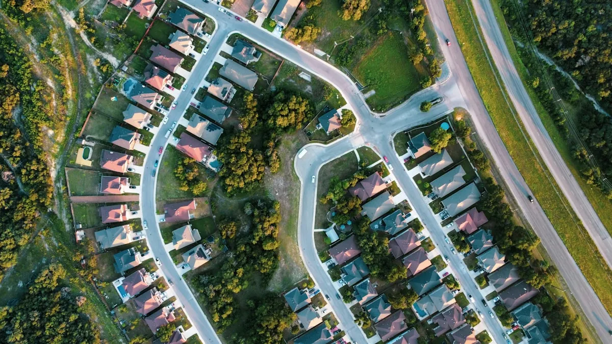 Aerial view of master-planned neighborhood in Prosper TX