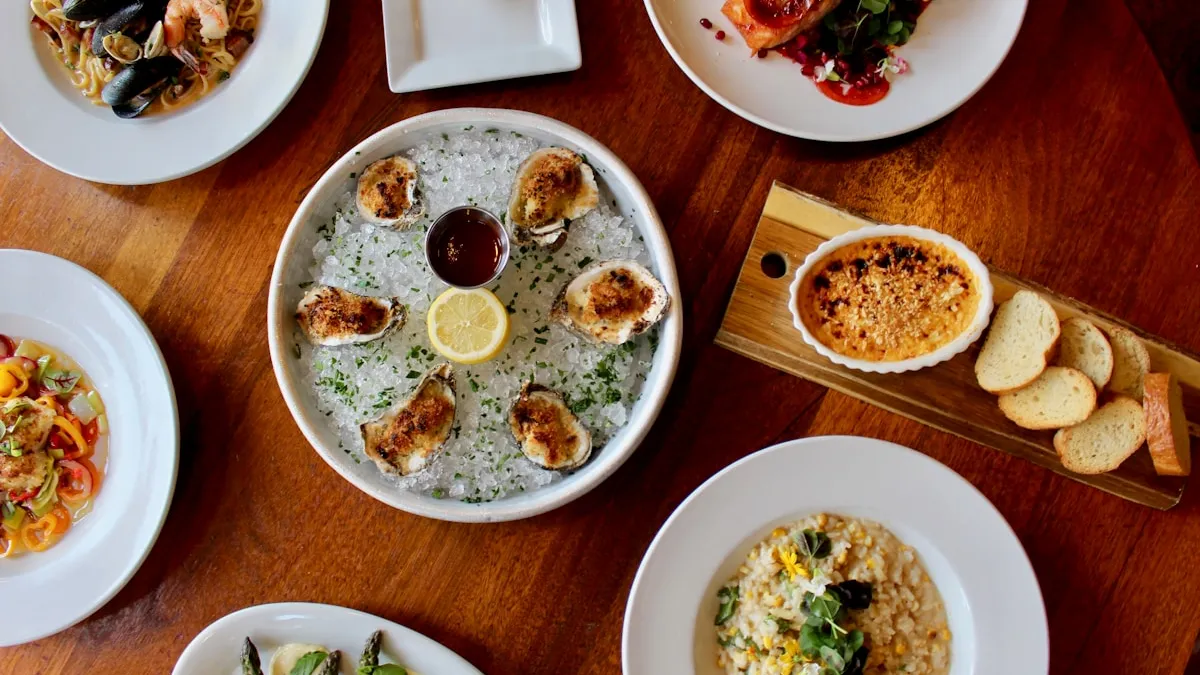 Overhead view of a restaurant table with multiple dishes in Prosper Texas