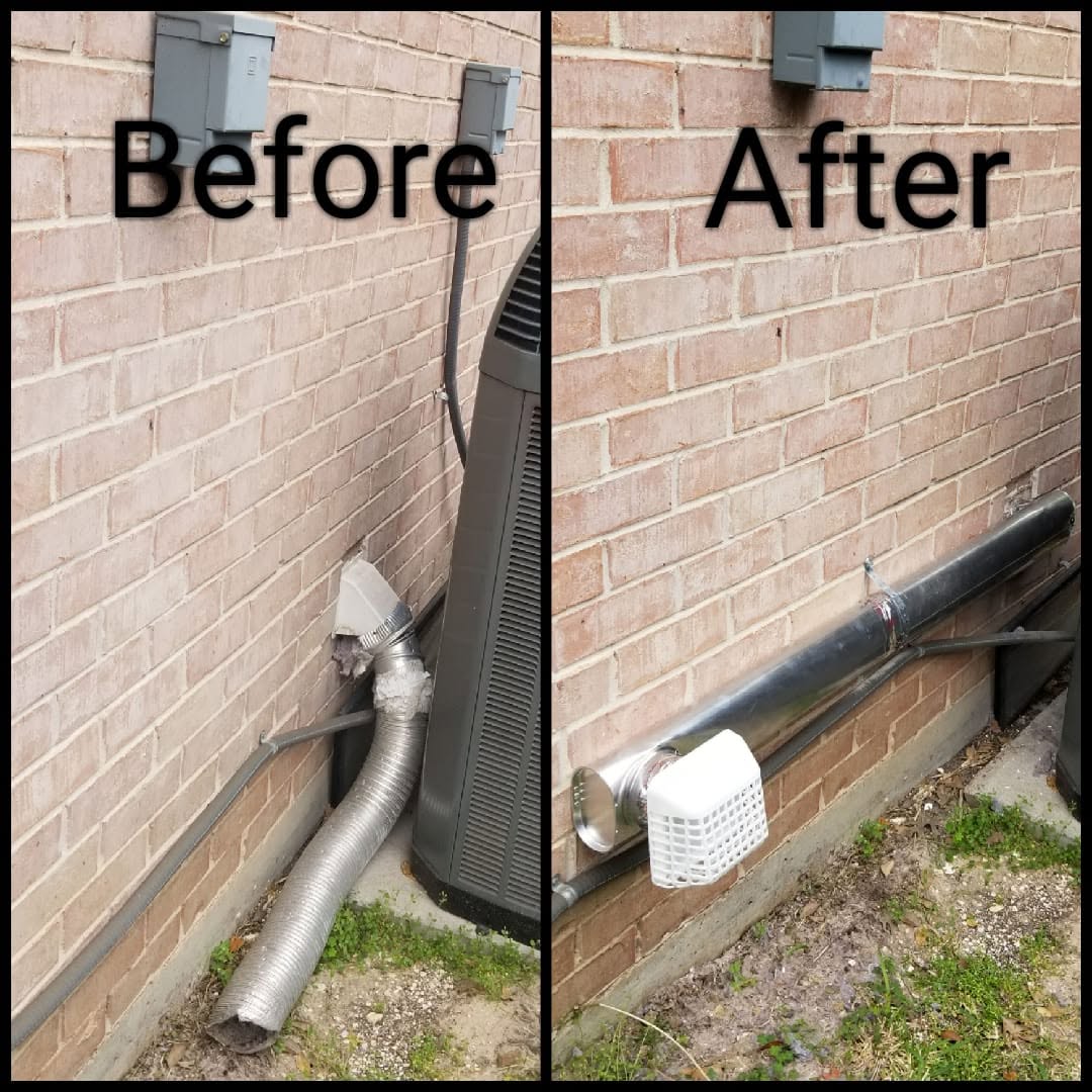 Before and after of a dryer vent line repair completed by Clear Services Appliance Repair in Collin County, TX